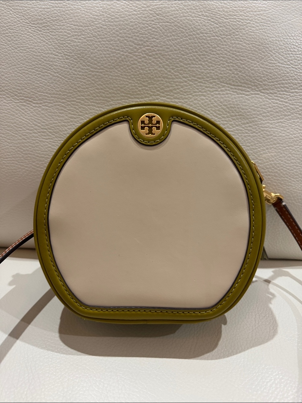 Tory Burch Olive Trim Cream Round Leather Crossbody bag
